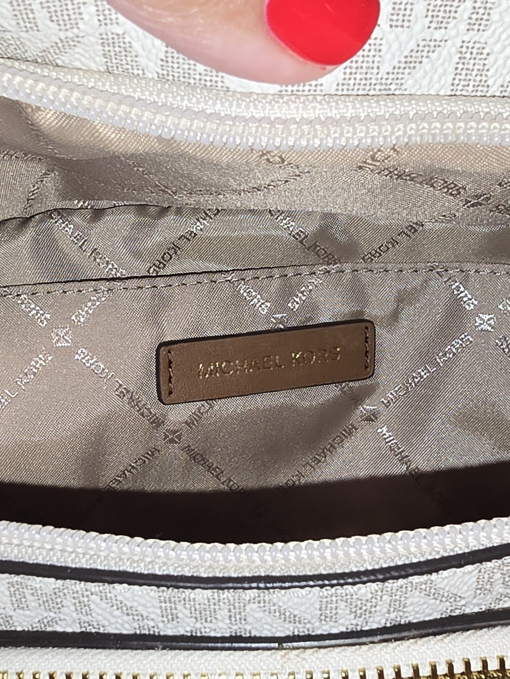 Michael Kors Beige/White MK Signature Crossbody with Brown Leather Flap - Picture 9 of 10